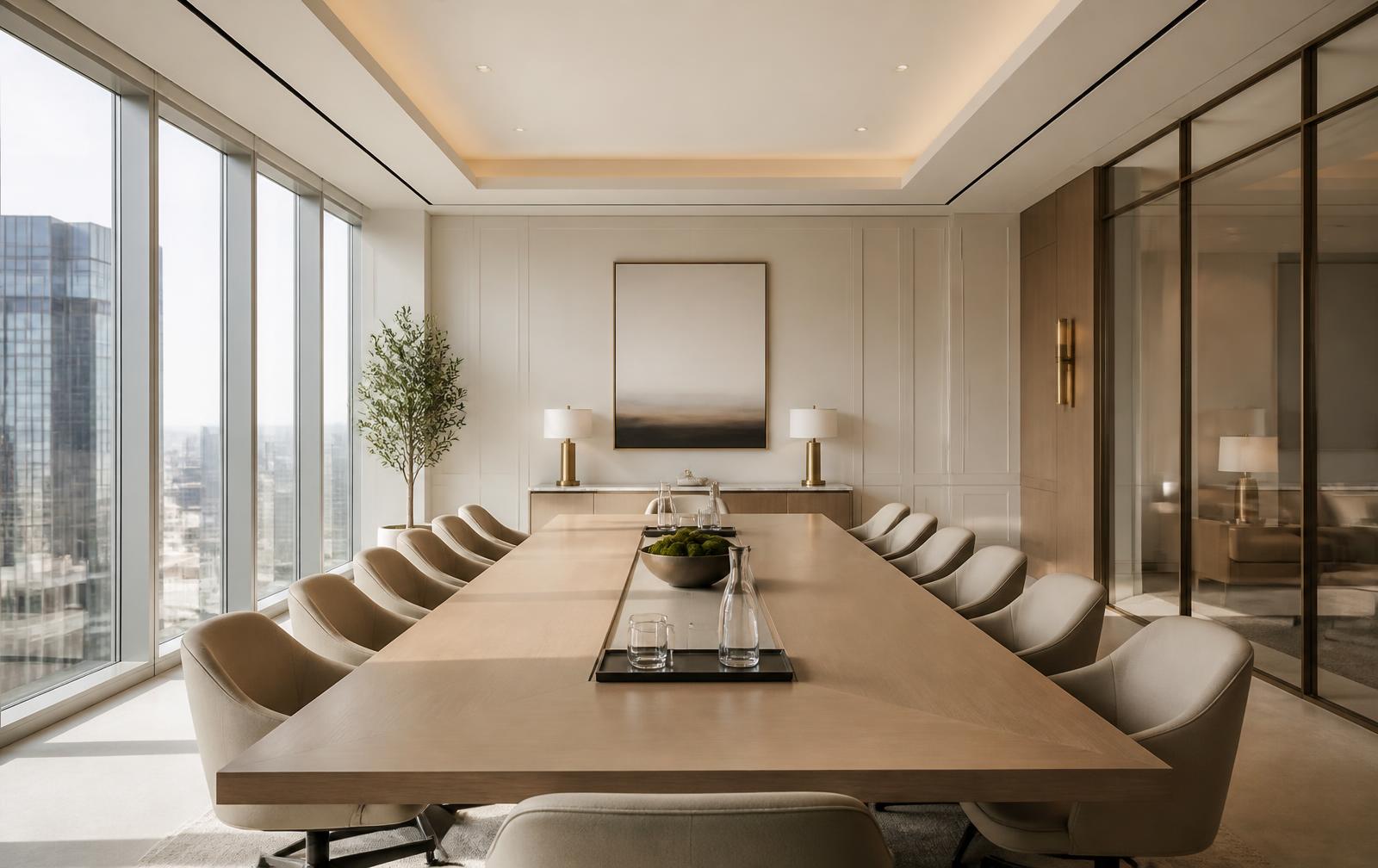 Bright modern boardroom with floor-to-ceiling windows, light oak table, and neutral upholstered seating