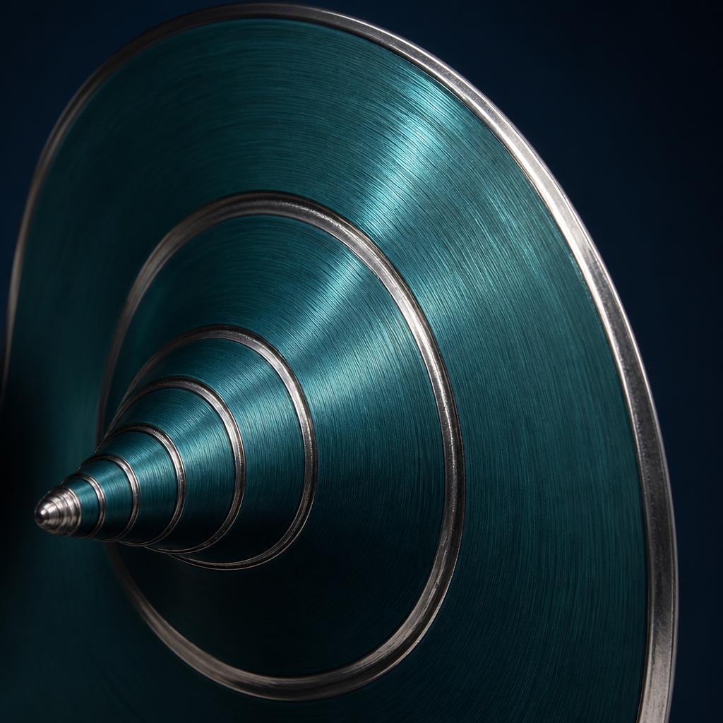 Close crop of a teal metallic tapering horn form with concentric machined rings