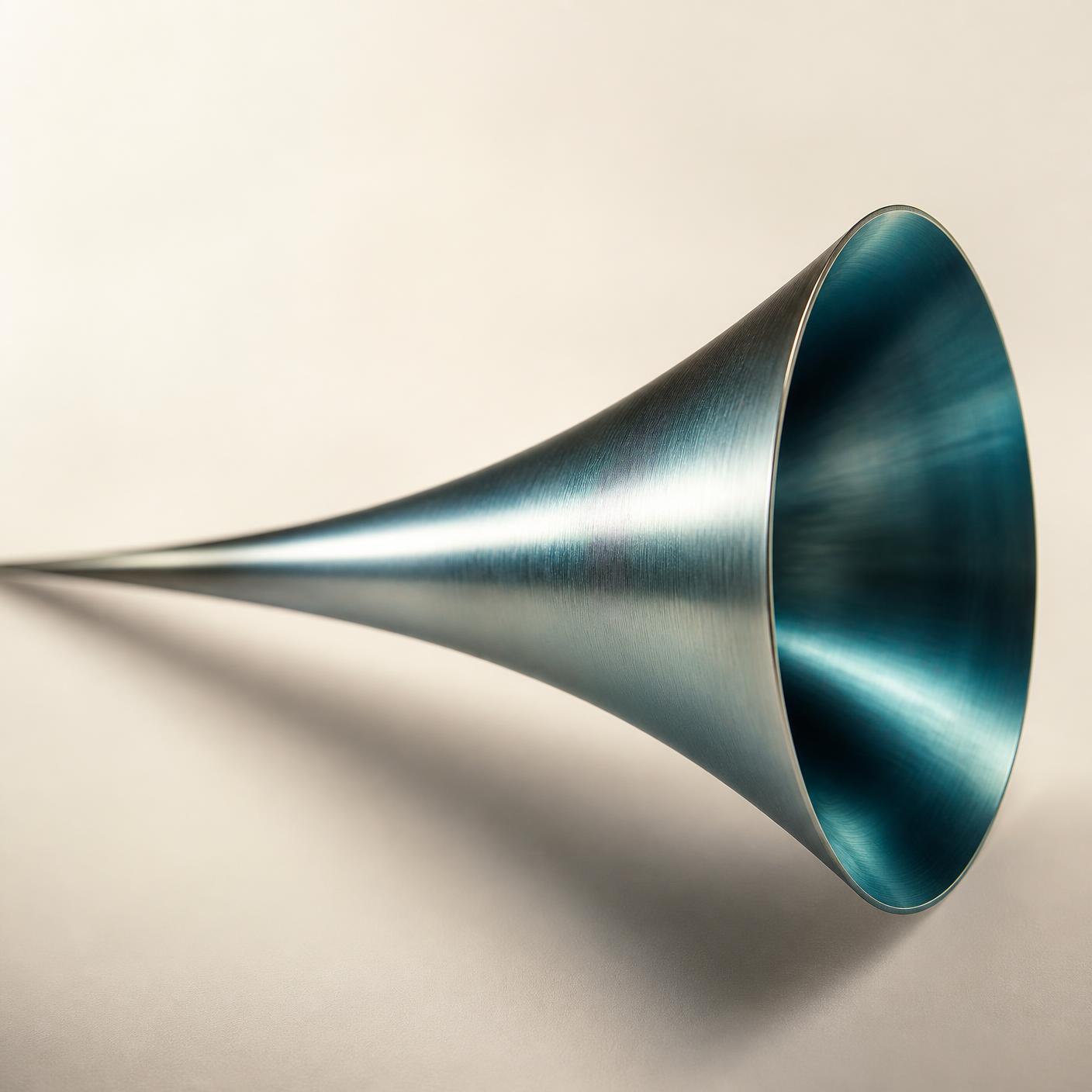Abstract sculptural render of Gabriel's Horn in brushed silver with a deep teal interior, tapering toward a vanishing point on a warm ivory field