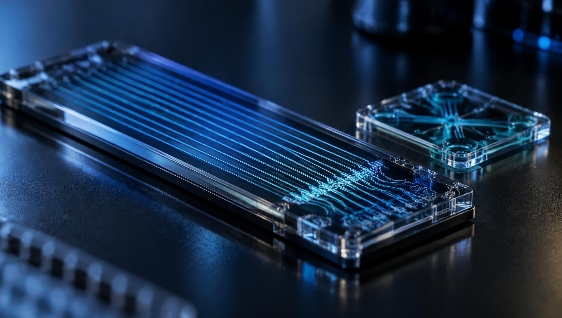 A DNA sequencing flow cell and microfluidic chip glowing blue on a dark laboratory bench
