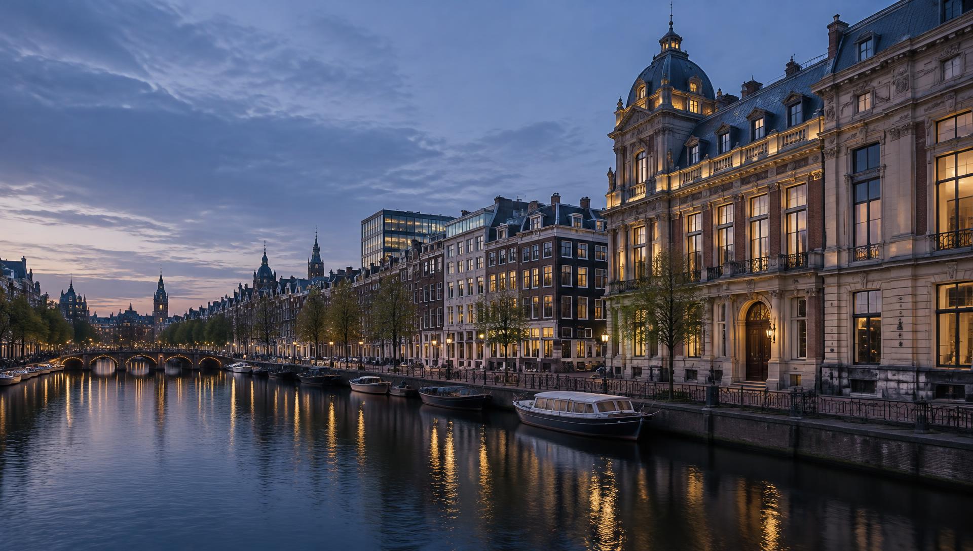 European canal-side architecture and contemporary offices at blue hour
