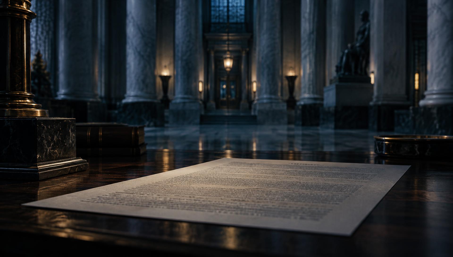A printed legal document on a dark desk, with the marble columns of a neoclassical hall blurred beyond