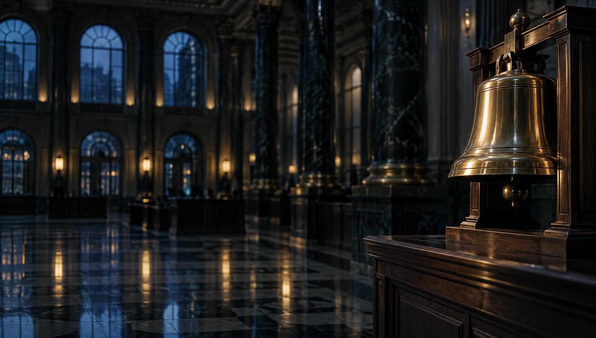 A polished brass ceremonial trading bell on a wooden rostrum, with an empty exchange hall at dusk beyond