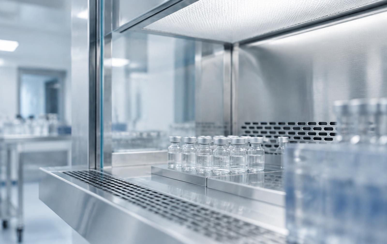 Sterile vials inside a stainless steel laminar flow hood
