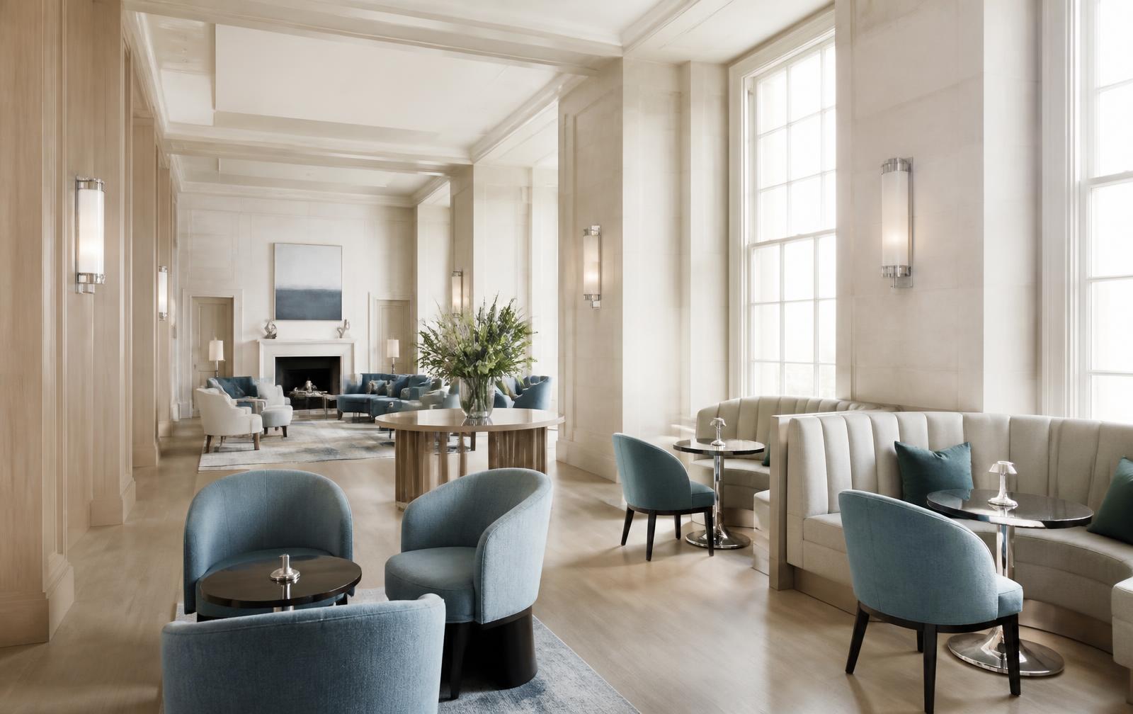 Bright limestone and pale oak private club interior with daylight through tall windows